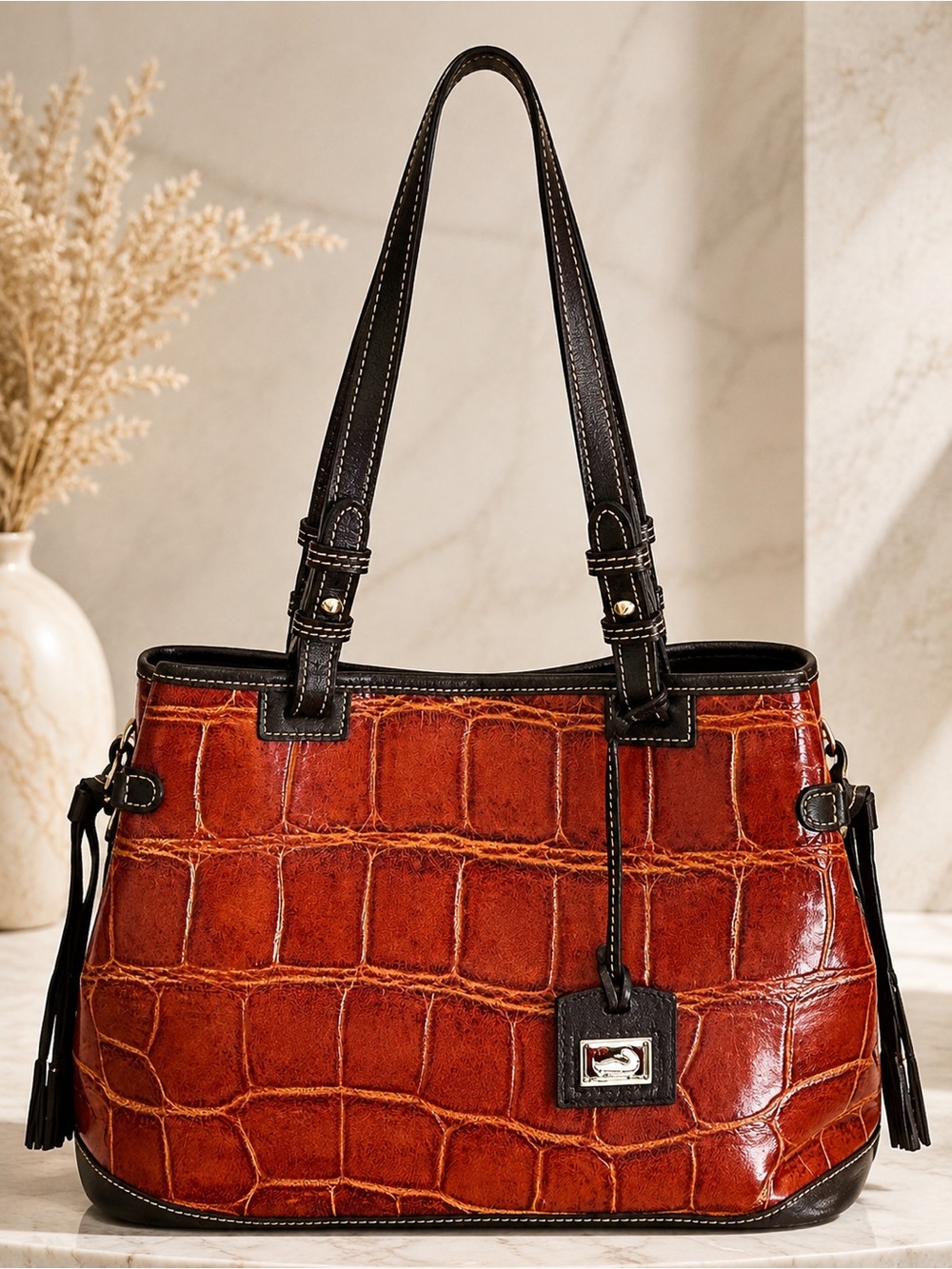 Dooney & Bourke Croco Embossed Leather Tote Bag Cognac Brown Large Shoulder Work